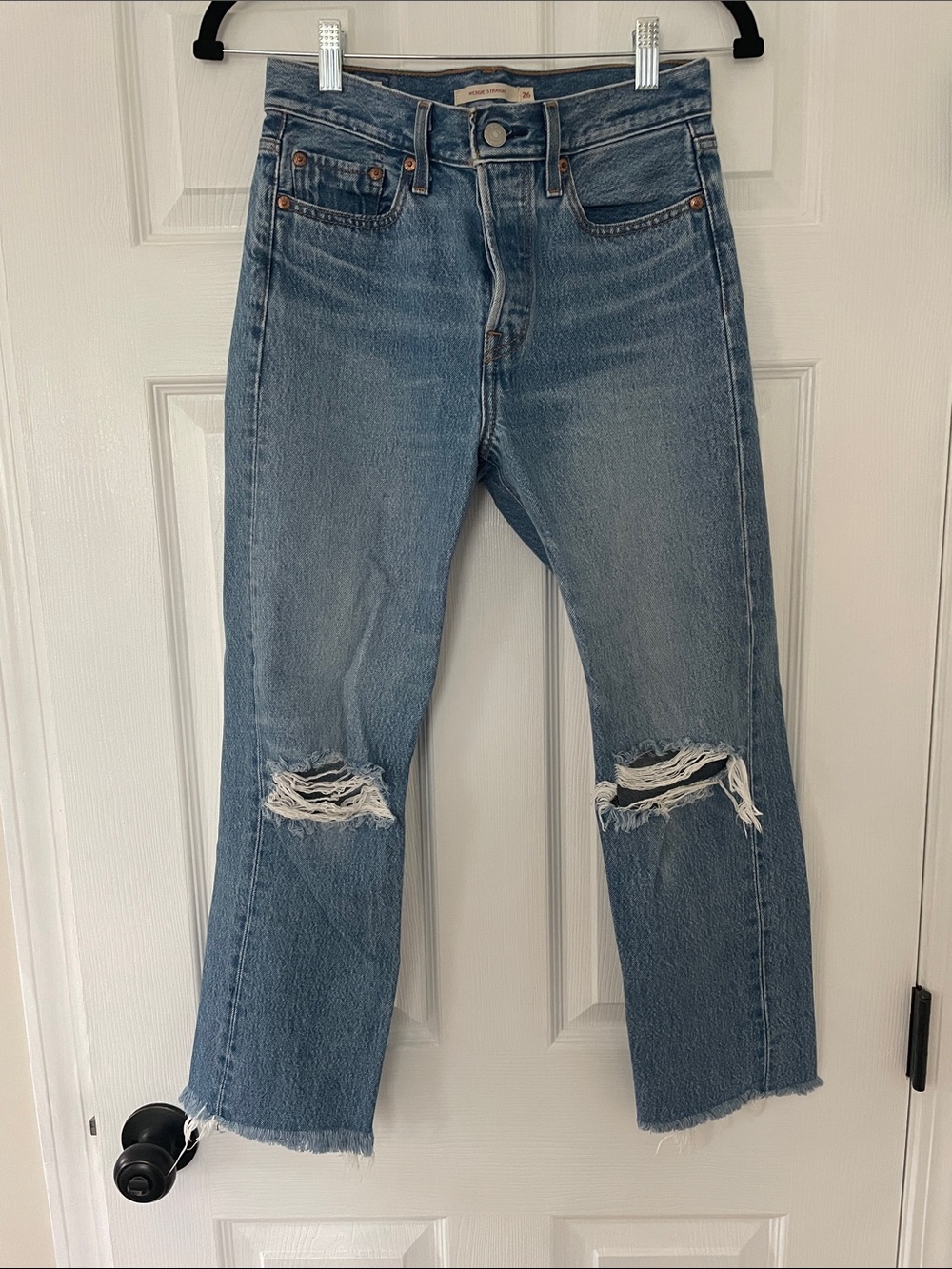 Light Blue Distressed Knee Crop Jeans